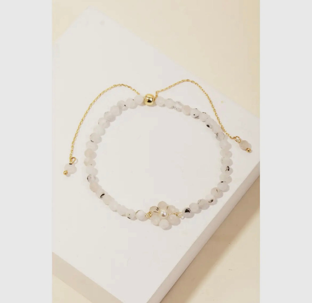 Stone Beaded Flower Adjustable - White