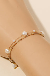 Pearl Station Beaded Layered Chain Bracelet - Gold/Cream