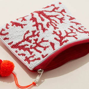 Sea Corals Seed Bead Canvas Pouch - Red