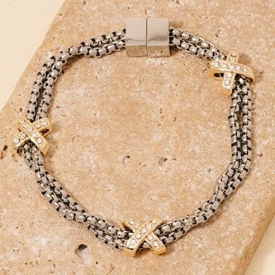 2 Tone Gold Plated Cz Pave Double Rope Chain Bracelet