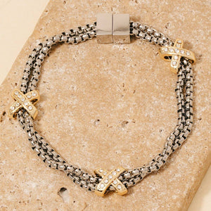 2 Tone Gold Plated Cz Pave Double Rope Chain Bracelet