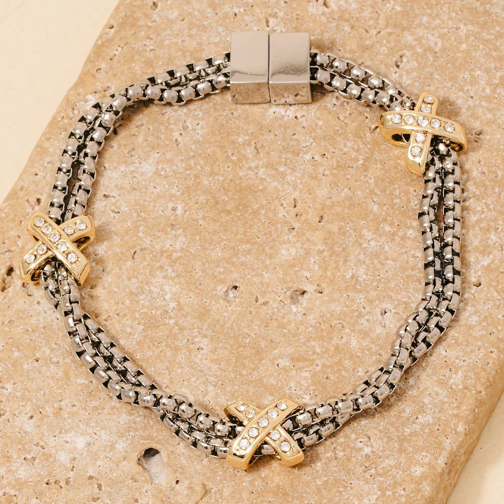2 Tone Gold Plated Cz Pave Double Rope Chain Bracelet
