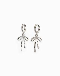 Droopy Bow Drop Huggie Earrings - Silver