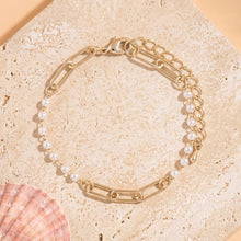 Pearl Bead And Paperclip Chain Link Bracelet: Gold