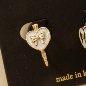 Gold Dipped Enamel Ribbon Bow Heart Hoop Earrings - White