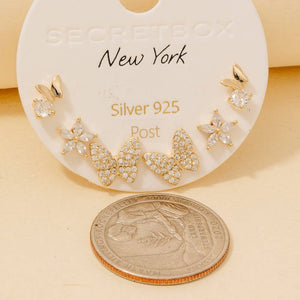 Secret Box Pave Butterflies And Stars Stud Earrings Set - Gold