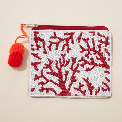 Sea Corals Seed Bead Canvas Pouch - Red