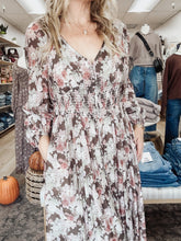 Autumn Bloom Tencel Floral Smocked Button Down Maxi Dress - Mocha