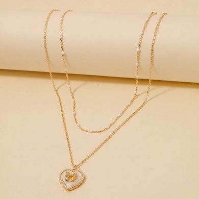 Pearl Set Heart Ribbon Bow Pendant Layered Necklace - White