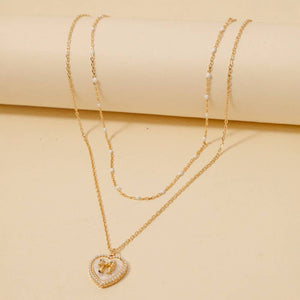 Pearl Set Heart Ribbon Bow Pendant Layered Necklace - White