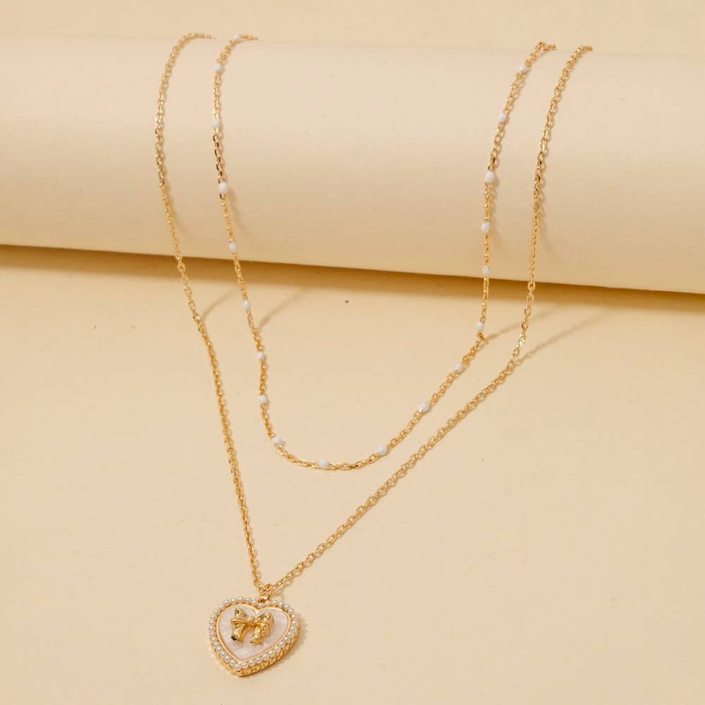 Pearl Set Heart Ribbon Bow Pendant Layered Necklace - White