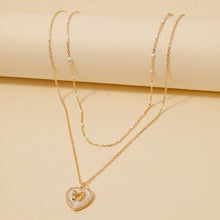 Pearl Set Heart Ribbon Bow Pendant Layered Necklace - Pink