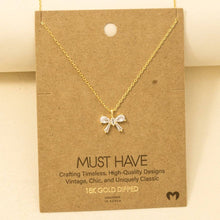 Rhinestone Ribbon Bow Pendant Necklace - Gold