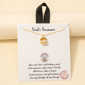 Gold Dipped Cz And Pearl Clam Shell Pendant Necklace - Gold