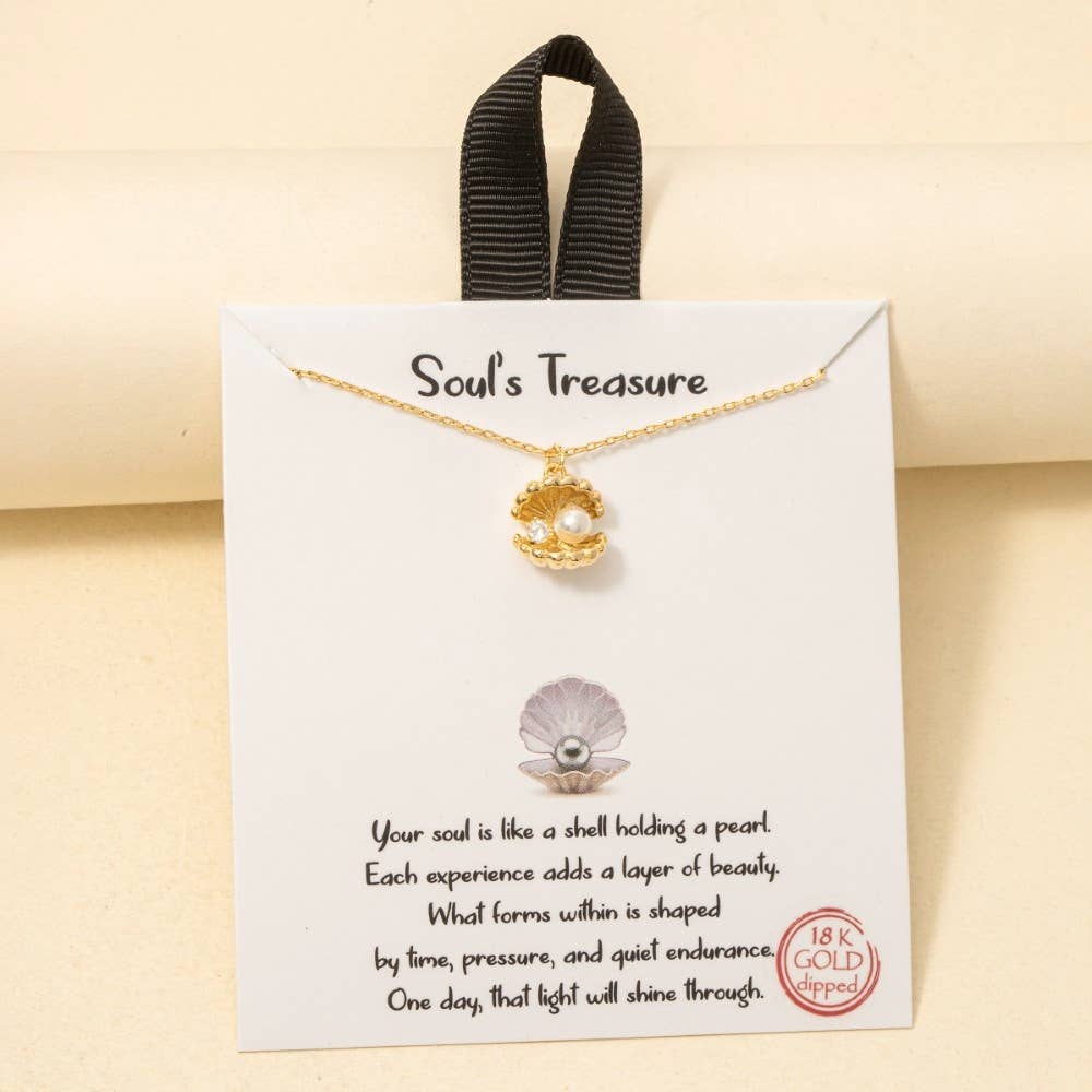 Gold Dipped Cz And Pearl Clam Shell Pendant Necklace - Gold