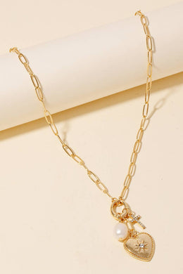 Pearl Cross And North Star Heart Charms Chain Necklace - Gold