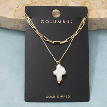 Gold Dipped Pearl Cross Pendant Layered Chain Necklace