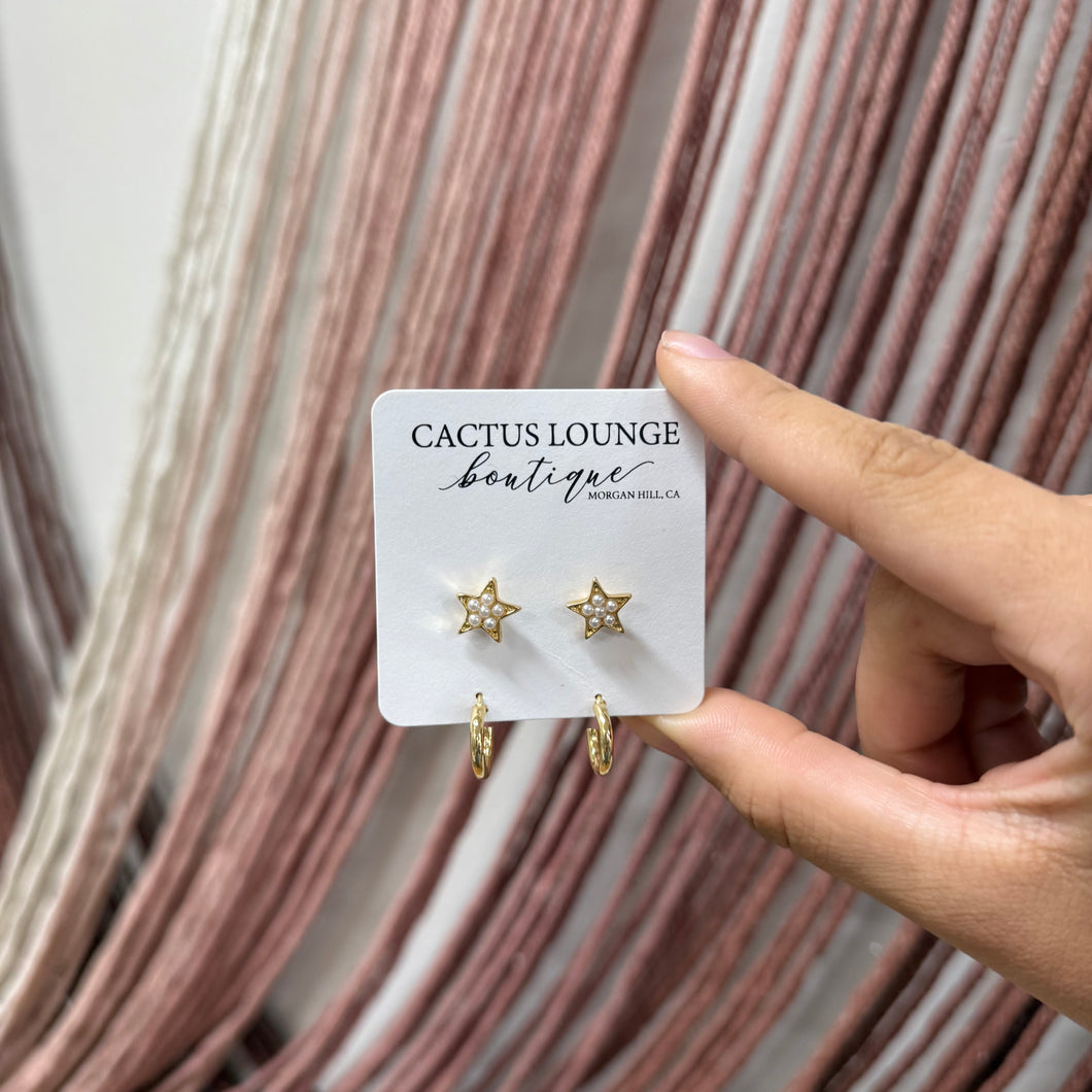 Star Studs & Mini Hoops Earring Set - Gold