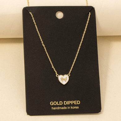 Gold Dipped Enamel Ribbon Bow Heart Pendant Necklace - White