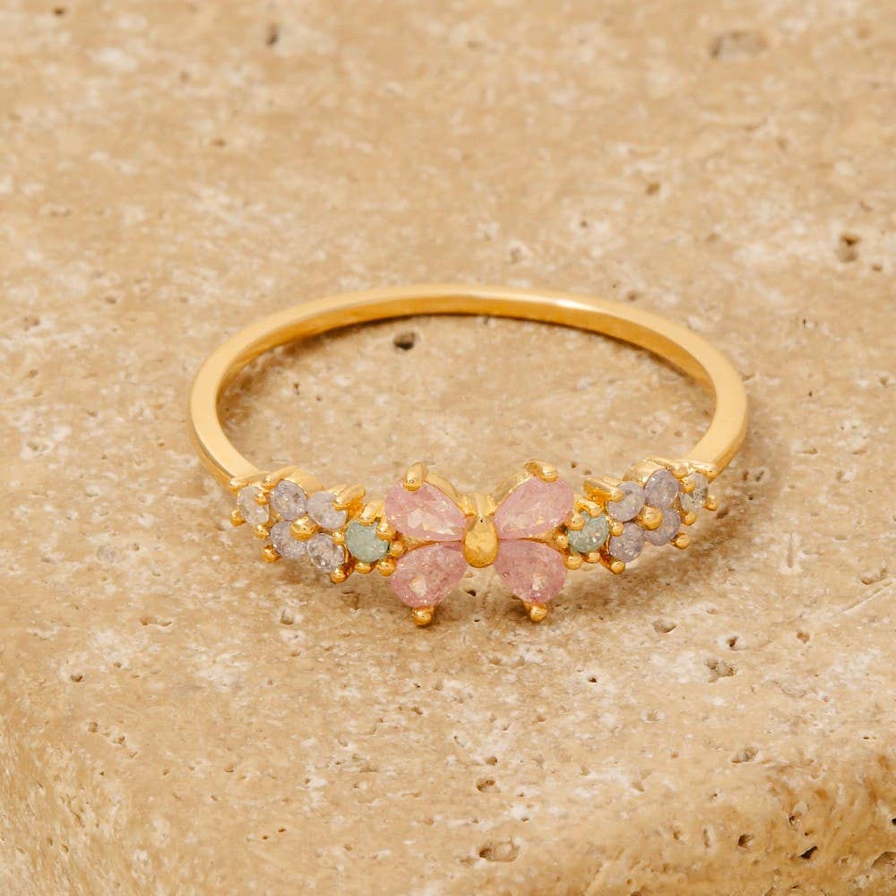 Gold Dipped Cz Flower Bow Ribbon Ring