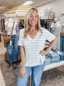 Everyday Striped Linen Blend Relaxed Fit V Neck - Chambray