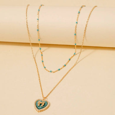 Pearl Set Heart Ribbon Bow Pendant Layered Necklace - Turquoise