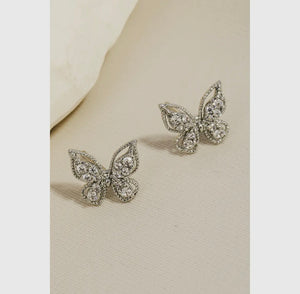 CZ Intricate Pave Butterfly Stud Earrings - Silver