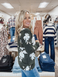 Olive Bloom Floral Printed Crew Neck Soft Knit Sweater - Olive