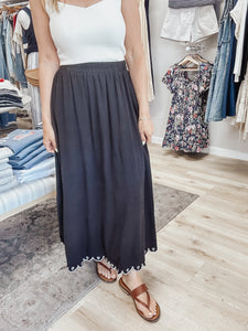 Midnight Bloom High Waist Scallop Embroidered Hem Midi Skirt - Black