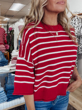 LAST ONE! Harborline Stripe Raw Edge Drop Shoulder Short Sleeve Sweater - Deep Red