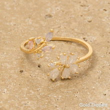 Gold Dipped Cz Flower Leaf Open Ring - Gold