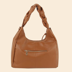 Braided Handle Faux Leather Hobo Hand Bag - Brown