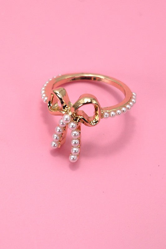 Gold Pearl Ribbon Bow Ring