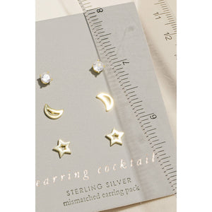 Star Moon Stud Earring Set - Silver