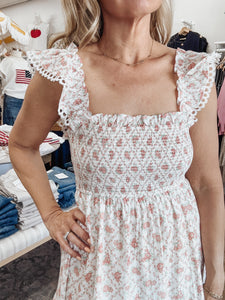 Garden Party Floral Trellis Pattern Smocked Mini Dress - Coral