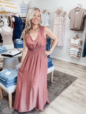 Willow Bay Double V Neck Smocked Waist Tied Back Maxi Dress - Brick