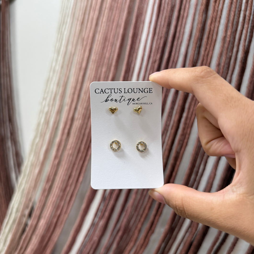 Simple Heart & Pave Circle Earring Set - Gold