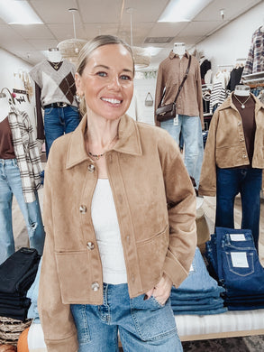 Sandstone Vegan Suede Collared Button Down Cropped Jacket - Camel