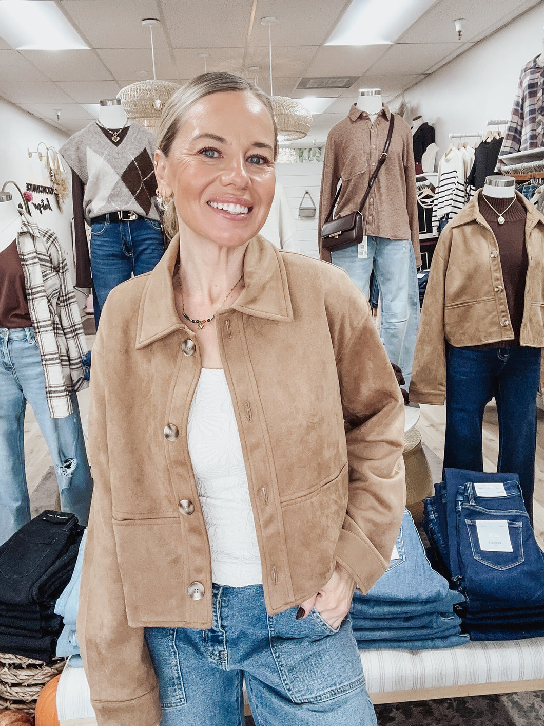 Sandstone Vegan Suede Collared Button Down Cropped Jacket - Camel