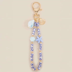 Blue Sea Shells And Floral Ceramic Beaded Bag Chain - Gold/Blue
