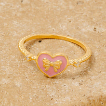 Gold Dipped Enamel Ribbon Bow Heart Ring - White