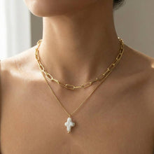 Gold Dipped Pearl Cross Pendant Layered Chain Necklace