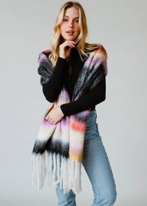 Black & Multicolored Striped Scarf with Fringe