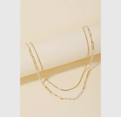 Double Chain Bead Layered Necklace - Gold