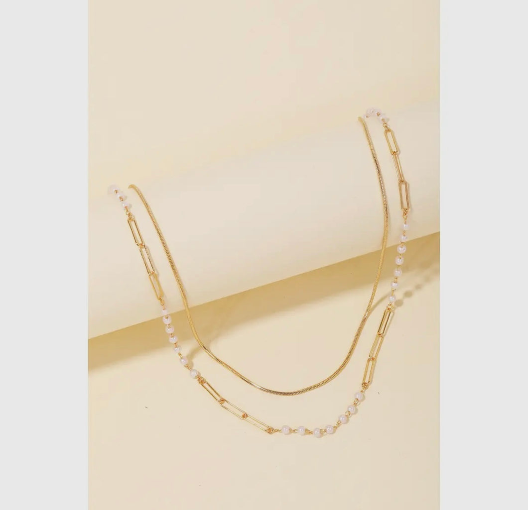 Double Chain Bead Layered Necklace - Gold