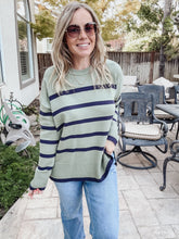 FINAL SALE Cozy Creek Stripe Sweater Striped Crew Neck Long Sleeve Sweater  - Light Olive