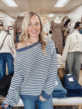 Mariner Striped Boatneck Knit Sweater with Lantern Sleeves - Denim Blue