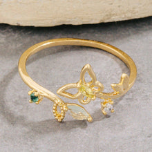 Gold Dipped Cz Leaf And Butterfly Open Ring - Gold
