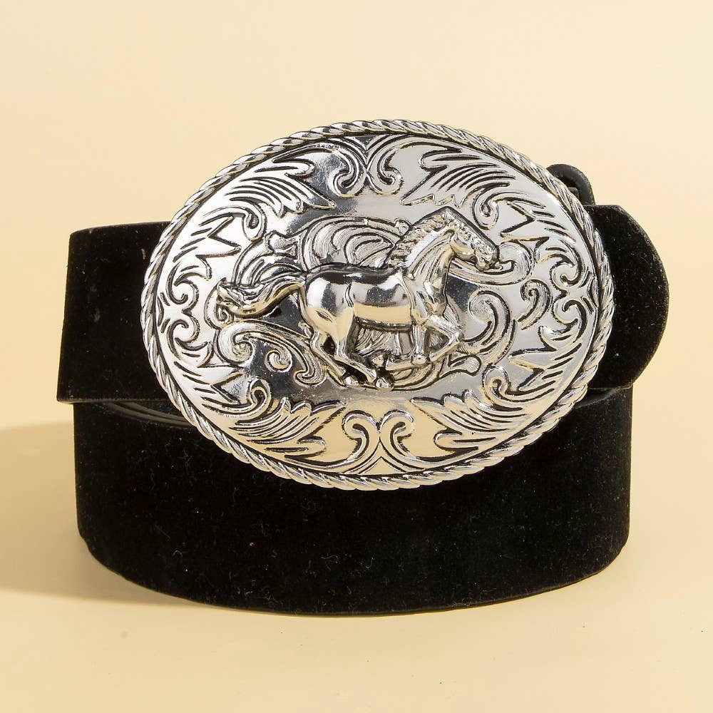Western Large Engraved Horse Buckle Belt - Silver and Black