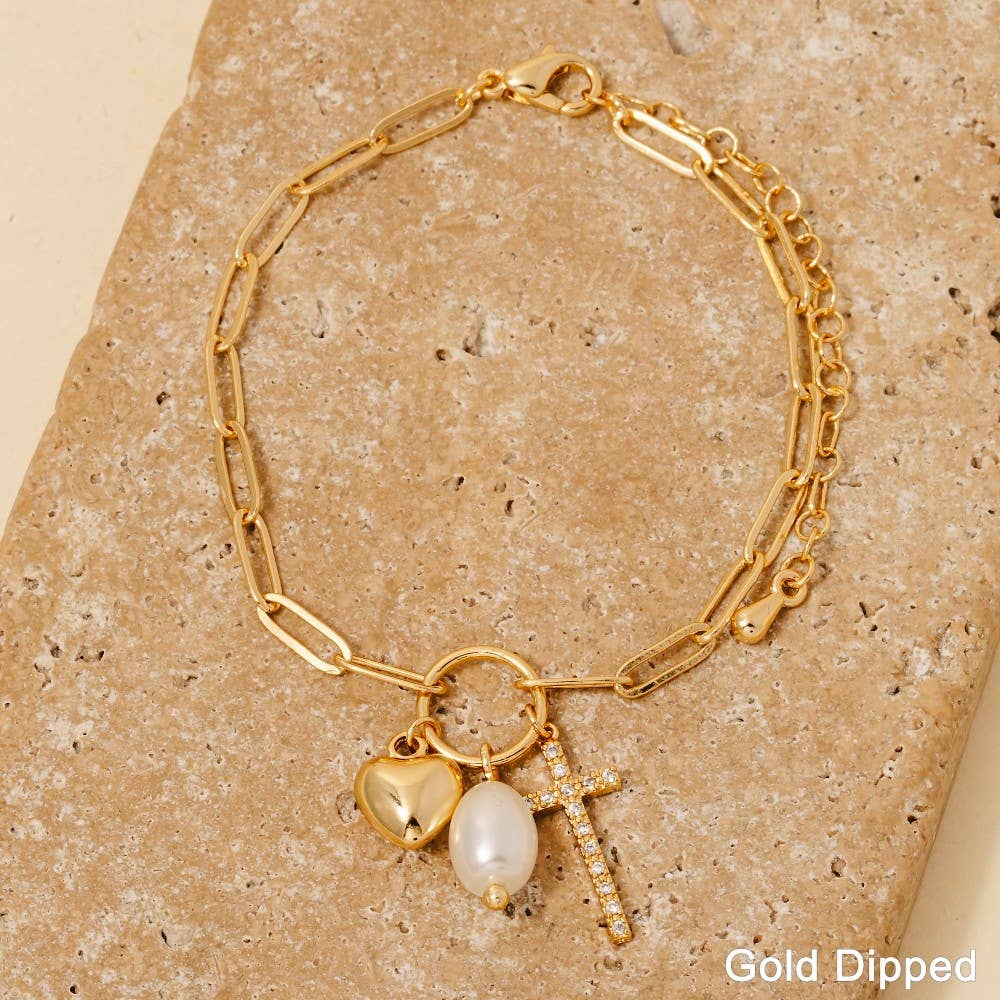 Gold Dipped Cz Cross Heart And Pearl Charms Chain Bracelet: Gold